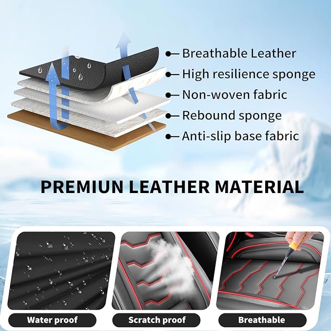 Fit Maxima Car Seat Covers Premium Leather for Nissan Maxima 2011-2025 2026. Waterproof， Breathable, Scratch-Resistant & All-Weather Seat Cushion Protector（Full Set,Red Line Black - Image 7