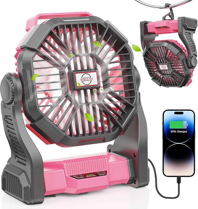 DOWILLDO 30000mAh Portable Battery Powered Camping Fan - with LED Light, Quiet Battery Operated, Camping Gear for Travel, Tent, Beach, Car or Hurricane Power Outages, Pink by DOWILLDO