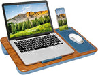 LAPGEAR Home Office Lap Desk – Espresso Blue, Fits 15.6” Laptops | Built-In Mouse Pad & Phone Slot, Integrated Device Ledge, Dual-Bolster Microbead Cushion, Carry Handle by LapGear