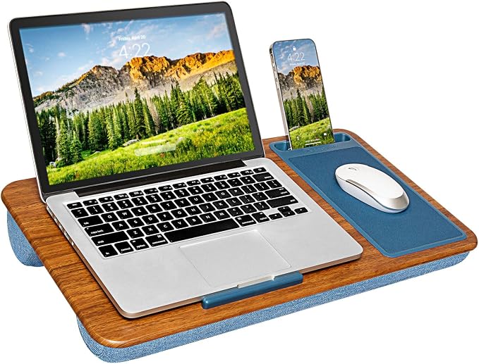 LAPGEAR Home Office Lap Desk – Espresso Blue, Fits 15.6” Laptops | Built-In Mouse Pad & Phone Slot, Integrated Device Ledge, Dual-Bolster Microbead Cushion, Carry Handle by LapGear