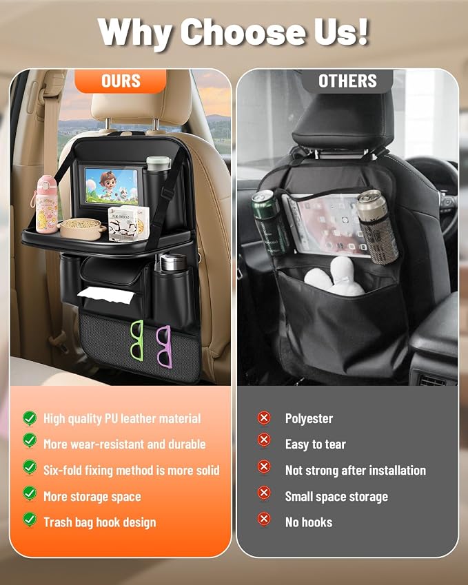 2 Pack Leather Car Backseat Organizer with Foldable Table Tray | Garbage Bag Hook, Protector Kick Mats for Kids, 8 Large-Capacity Pocket, Universal Car Seat Protector for Kids, Pets & Travel - Image 7