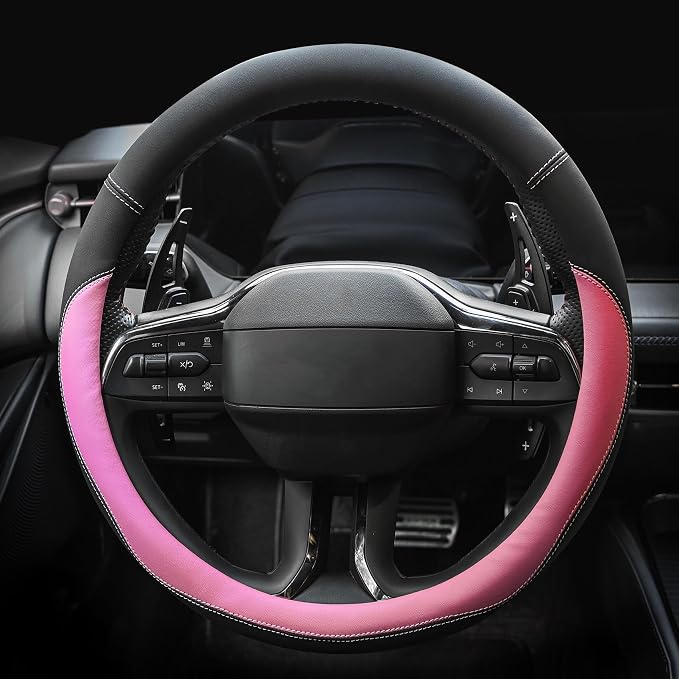 Microfiber Leather Steering Wheel Cover Large-Size for F150 F250 F350 Ram 4Runner Tacoma Tundra Range Rover Model S X with 15 1/2 inches-16 inches Outer Diameter Pink - Image 2