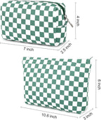 SOIDRAM 2 Pcs Checkered Makeup Bag Large Cosmetic Bag Toiletry Bag Makeup Pouch Travel Bag Organizer Cute Makeup Brushes Aesthetic Accessories Storage Bag for Women Olive Green - Image 3