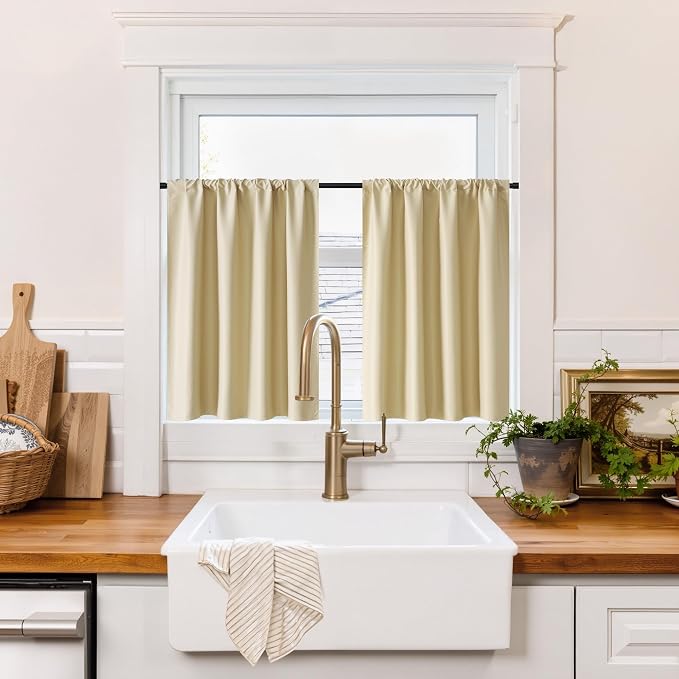RYB HOME 100% Blackout Bathroom Curtains Over Sink 24 inches Long | Heat UV Blocking, Total Room Darkening, Noise Reducing, Curtains for Basement RV Campers, W42 x L24, Biscotti Beige, 2 Panels by RYBHOME