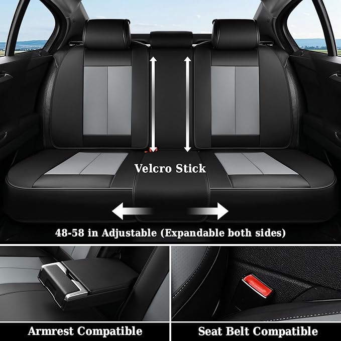 Coverado Rear Bench Car Seat Covers, Car Rear Seat Covers, Nappa Leather Back Seat Cover, Automotive Seat Covers Seat Cushion Cover Universal Fit for Most Cars Sedan SUV Pickup Truck, Black&Gray - Image 5