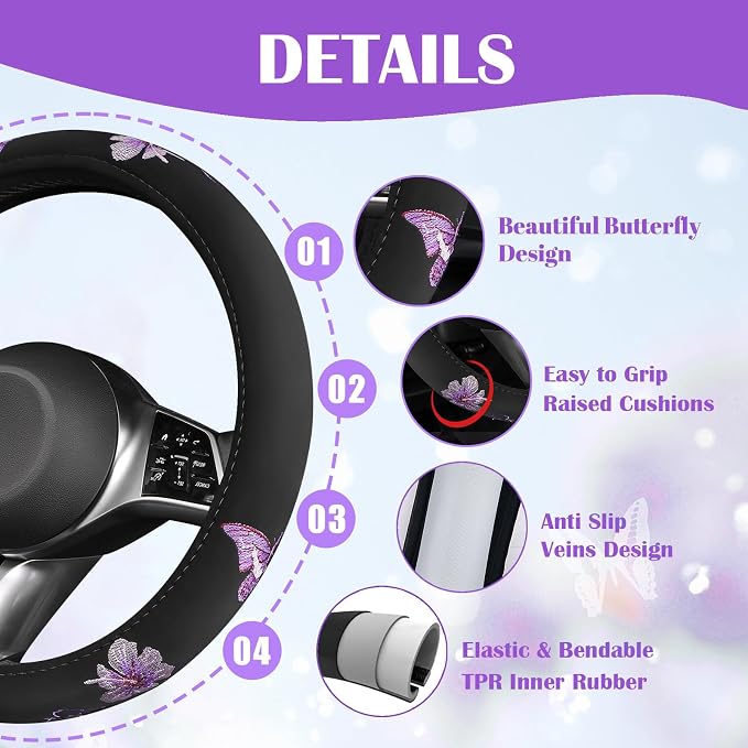 CAR PASS Butterfly Steering Wheel Cover and Waterproof Car Floor Mats,Purple Car Mats 14.5-15inch Steering Wheel Covers Universal Fit for Suvs,Sedans Cars,for Women Girl(Black and Purple) - Image 6
