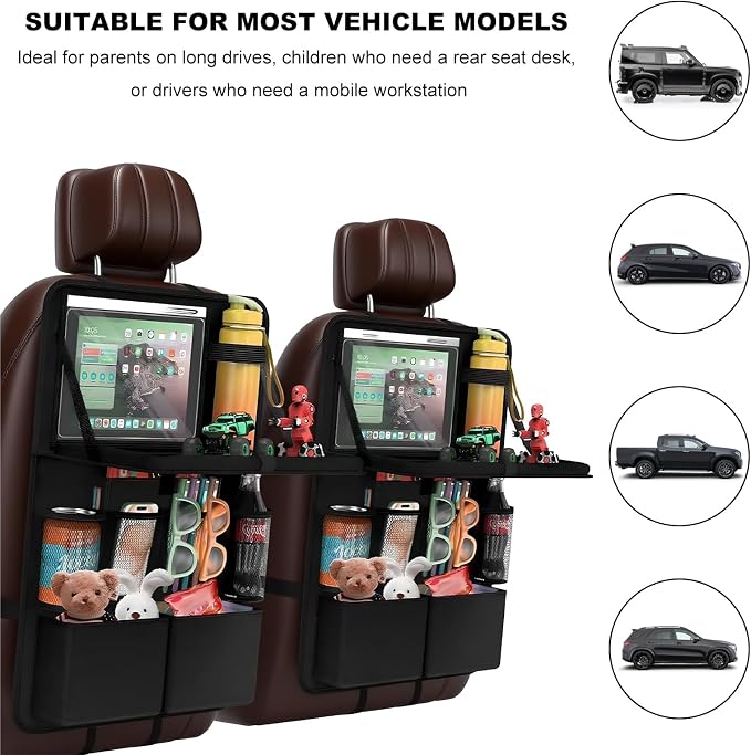 2 PCS Car Backseat Organizer with Tray, Waterproof Back Seat Protector with Touch Screen Tablet Holder, 11 Storage Pockets Anti-Scratch Kick Mat Universal for Family Road Trips - Image 6