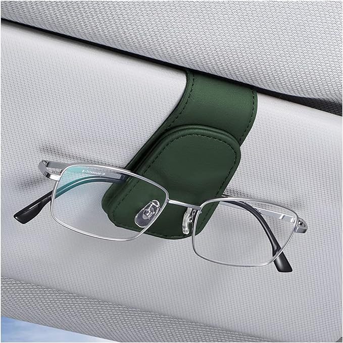 AICEL Sunglasses Holders for Car Sun Visor, Leather Magnetic Clip, Green | Leather Eyeglasses Hanger Mounter, Magnetic Glasses Holder and Ticket Card Clip, Car Accessories, Universal Fit by AICEL