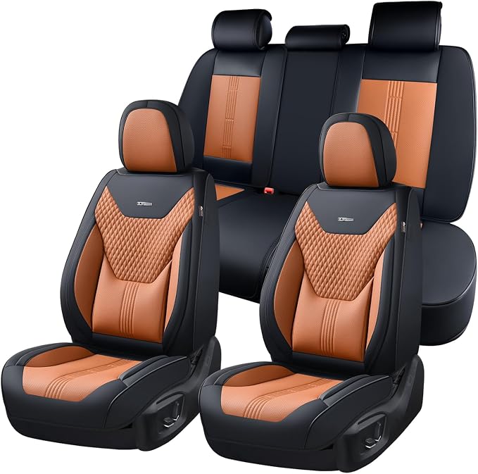 Coverado Car Seat Covers Full Set, Front Seat Covers with Lumbar Support and Back Seat Cover Waterproof Leather Automotive Seat Cover, Universal Car Interior Protectors Cushion for Most Cars by COVERADOAUTO