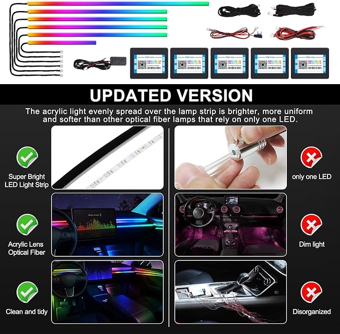 Dreamcolor Acrylic Interior Car LED Strip Light with Wireless APP, RGB 6 in 1 with 175 inches 600 LEDs Fiber Optic Car Ambient Lighting Kits, Sound Active Function LED Strip for Car Accessories - Image 5