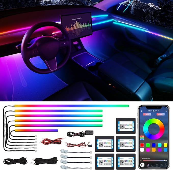 Acrylic Interior Car LED Strip Light with Wireless APP, Dreamcolor RGB 10 in 1 with 175 inches 600 LEDs Fiber Optic Car Ambient Lighting Kits, Dual Zone Sound Active Function LED Strip for Car by MAODANER