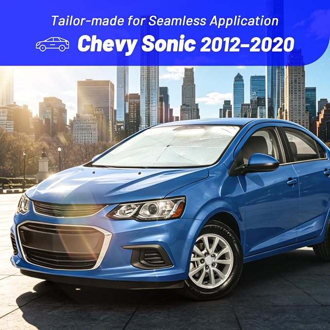 Windshield Sun Shade for Chevrolet Sonic 2012-2020, Car Umbrella Sunshade | Custom Fit Car Sun Visor with 360° Rotating Shaft, UV Protection Heat Shield Sun Blocker Heat Reflector and Easy Storage - Image 2