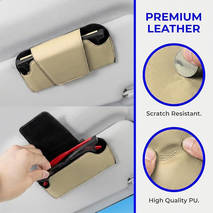 Sunglass Holder for Car Visor, PU Leather Magnetic Vehicle Glasses Organizer Box with Clips, Automotive Interior Eyeglasses Storage Case Accessories, Universal for Most Vehicles (Beige) - Image 3