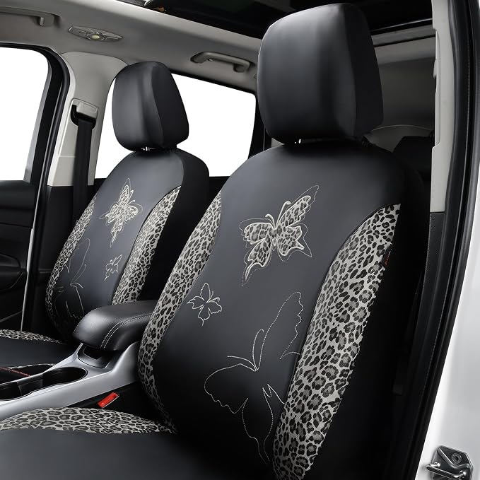 Flying Banner Butterfly car seat Covers ful Set Fashion Universal Lady Woman Female Rear Bench Split Colorized (Full Set - Faux Leather, Leopard Gray) - Image 4