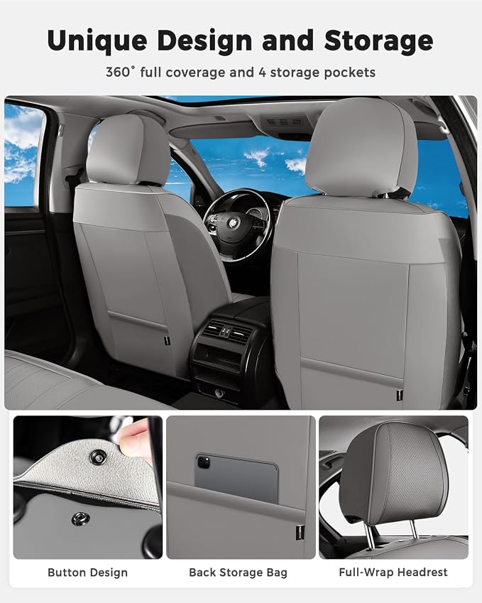 Huidasource Gray Seat Covers, Luxury Faux Leather Car Seat Cover, Velcro Adjustable, with Airbags, Seat Belts, Thinning Design Perforation Cooling＆Heating, Fit for Most Cars, Vans, Trucks, SUVs, Gray - Image 5