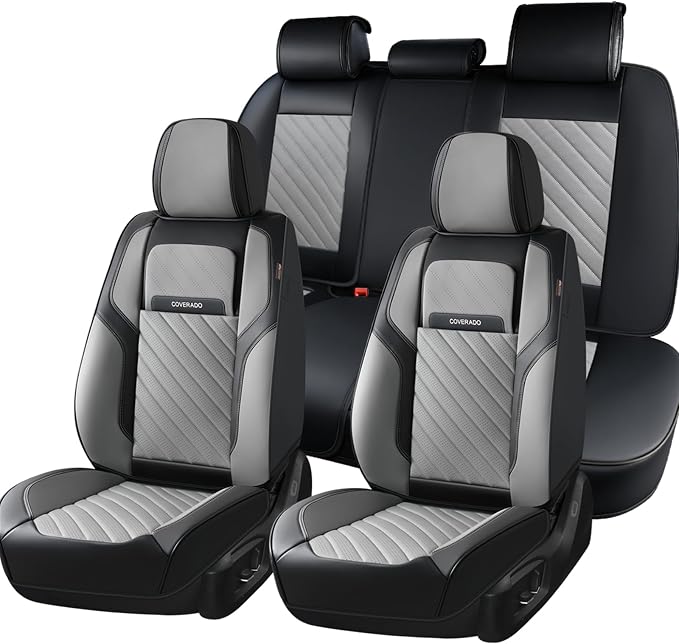 Coverado Car Seat Covers Full Set 5 pieces, Luxury Nappa Leather Seat Covers Universal Fit Waterproof Non-Slip Breathable Front & Back Automotive Seat Protectors for Cars, SUVs, Trucks by COVERADOAUTO