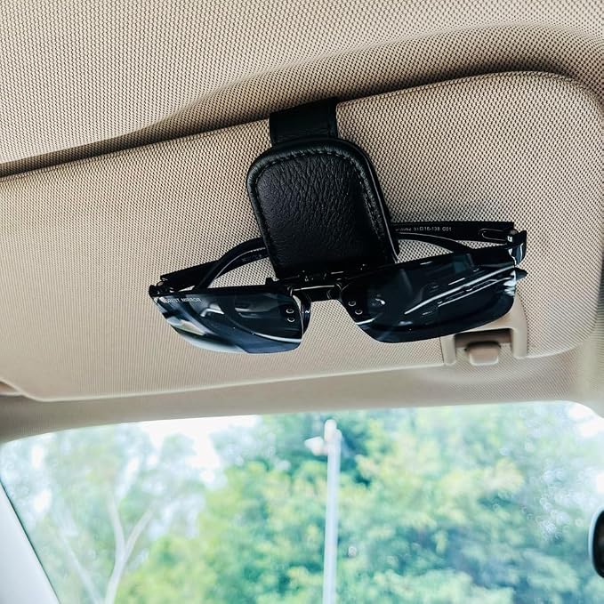 Sunglass Clip for Car Visor, Car Sunglass Holder Clip, Sunglasses Visor Clips for Cars, Magnetic Leather Glasses Eyeglass Hanger Clip for Car, Car Visor Accessories (Black) by FLYEEGO