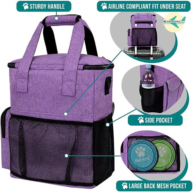 PetAmi Dog Travel Bag Pet Supplies Accessories Organizer for Traveling, Camping, Weekend; Cat Pet Travel Bag Kit Includes 2 Food Storage Containers, 2 Collapsible Bowls, 1 Feeding Mat (Purple) - Image 4