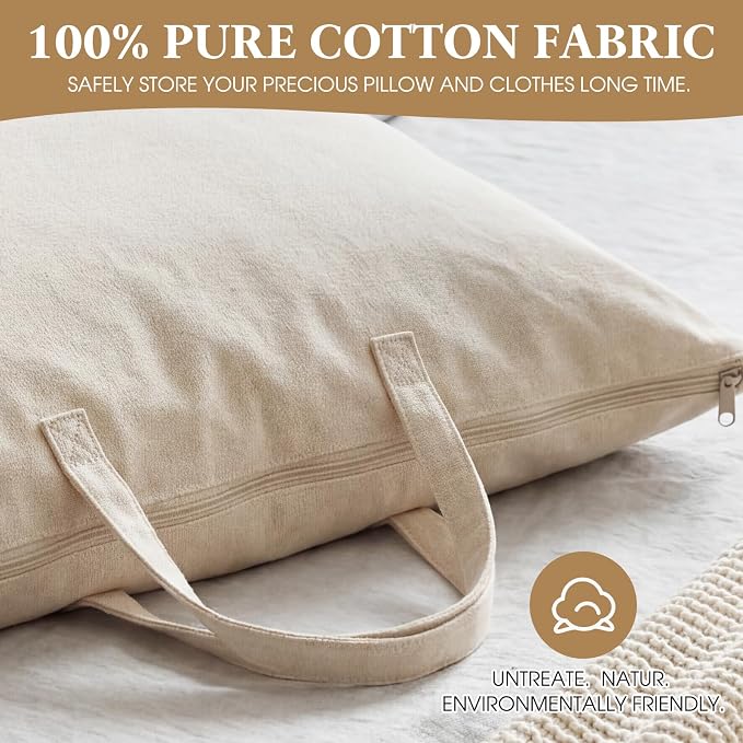 2 Pack Travel Pillow and Blanket Bags, 100% Cotton Canvas Pillow Storage Bag with Handles for Airplane Home, Heavy Duty Breathable Organizer for Bedding Linens, Pillow Bag for Traveling(2,20"x26") - Image 3