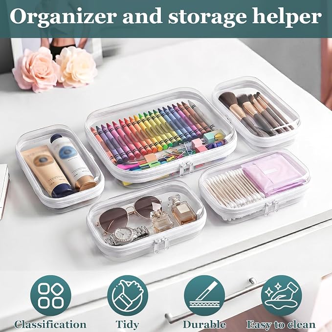 Clear Hard Shell Zipper Cases (5 Packs), Plastic Hard Sided Zippers Pouches Clear Hardshell Pencil Case For Storage, Diaper Bag Organizer Bliss Bins 4*Small/1*Medium - Image 4