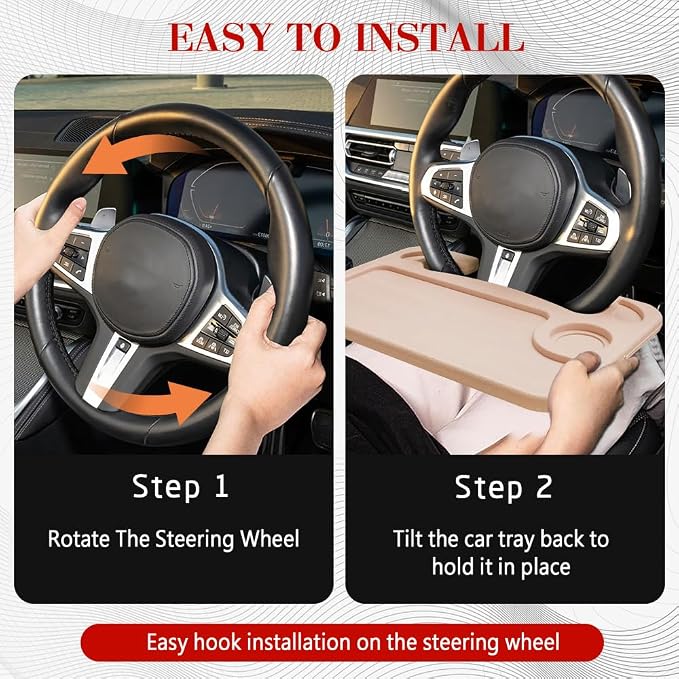 2 in 1 Car Steering Wheel Desk, Car Tray, Car Steering Wheel Desk Tray & Auto Seat Gap Filler Organizer, Multipurpose Travel Auto Steering Wheel Under Table Console for Most Vehicles (Beige) - Image 5