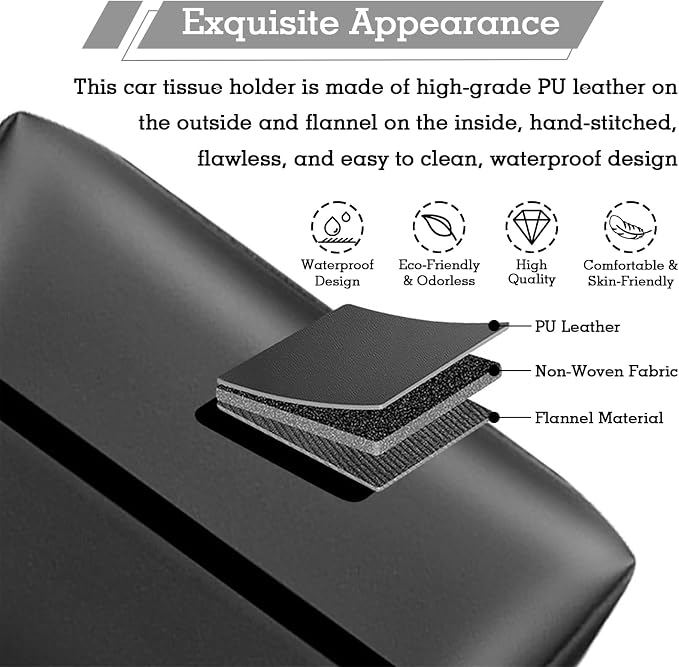 Car Tissue Holder, Car Standard Tissue Holder, Upgraded PU Leather Multi-Functional Car Tissue Box, Keep Car Tidy, for Sun Visor, Backseat, Armrest, Center Console (Black) - Image 5