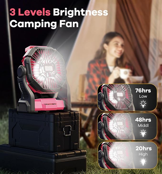 DOWILLDO 30000mAh Portable Battery Powered Camping Fan - with LED Light, Quiet Battery Operated, Camping Gear for Travel, Tent, Beach, Car or Hurricane Power Outages, Pink - Image 4
