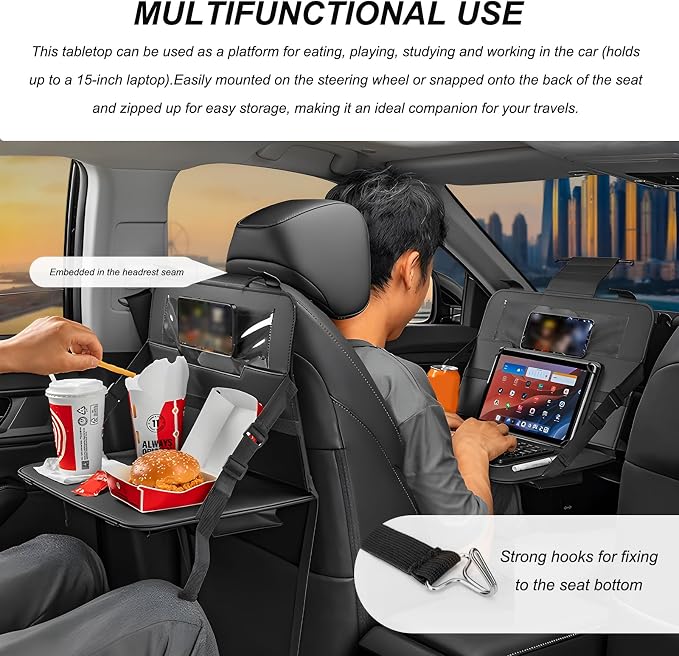 Car Steering Wheel Tray, Foldable Car Laptop Desk Eating Food Tray with Transparent Holder & Tissue Box, Adjustable Back Seat Headrest Table for in-Car Dining Working Studying (Black) - Image 4