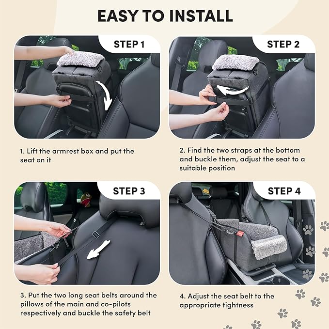 BurgeonNest Center Console Dog Car Seat for Small Pets to 11lbs, Grey | Anti-collapse armrest Console seat with washable fluffy cushion, pillow & tether for stable, cozy pet travel trips. - Image 6
