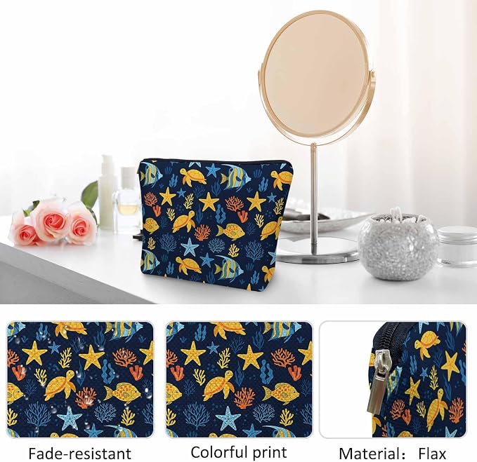 Sea Animal Makeup Bags Makeup Organizer, Ocean Sea Turtle Starfish Seaweed Flax Toiletry Bags Travel Cosmetic Bag Makeup Purse Pouch Skincare Bag Wallet Bags For Women Female Mom Daughter - Image 5
