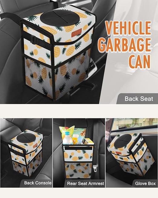 Pritent Car Trash Can with Lid Leakproof Car Garbage Bag Vehicle Trash Bin | Hanging Automotive Garbage Can,Multipurpose Car Accessories for Women Men Interior Car Storage Organizer(2.8 Gal,Pineapple) - Image 6