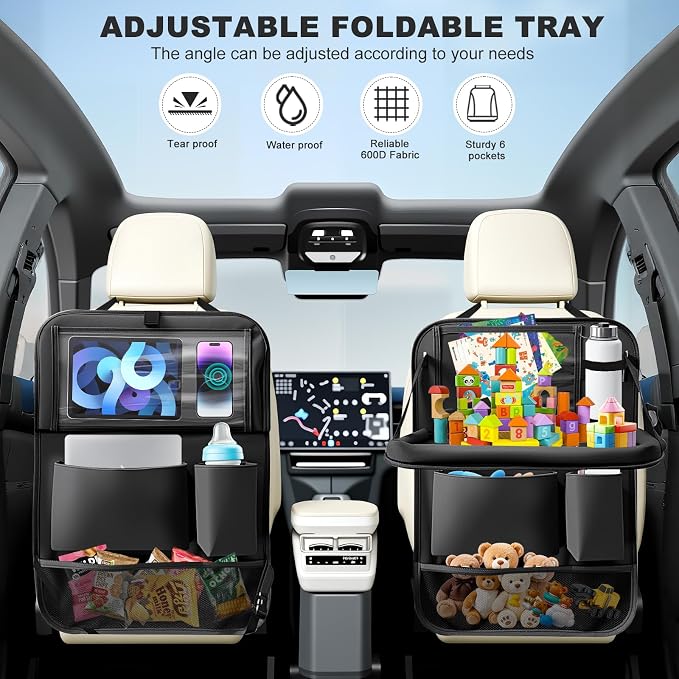 Car Backseat Organizer with Tablet Holder,6 Storage Pockets Car Storage Organizer with Foldable Food Tray,Kick Mats Backseat Protector Travel Accessories (Black) - Image 2