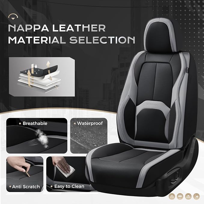 Coverado Seat Covers, Premium Nappa Leather Car Seat Covers Front Seats, Waterproof Car Seat Protector with Lumbar Support, Front Driver Seat Covers Universal Fit for Most Cars (Black&Gray) - Image 4