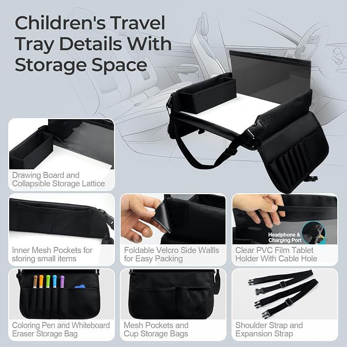 Kids Travel Tray for Car Seat, Carseat Table Tray for Kids Road Trip Activities, Car Trays for Kid Roadtrip Essentials, Toddler Lap Desk Organizer for Airplane - Black - Image 5
