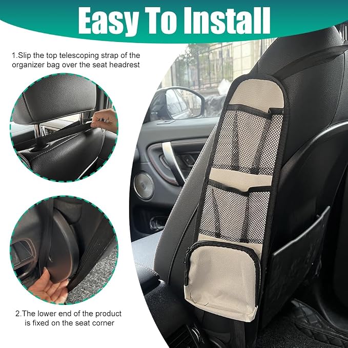 2PCS Car Seat Storage Hanging Bag, Car Seat Side Organizer, Multifunctional Cars Mesh Net Pocket, Multi-Pocket Seats Side Storage Interior Accessories Universal for Car SUV (Ivory White, 2PCS) - Image 7