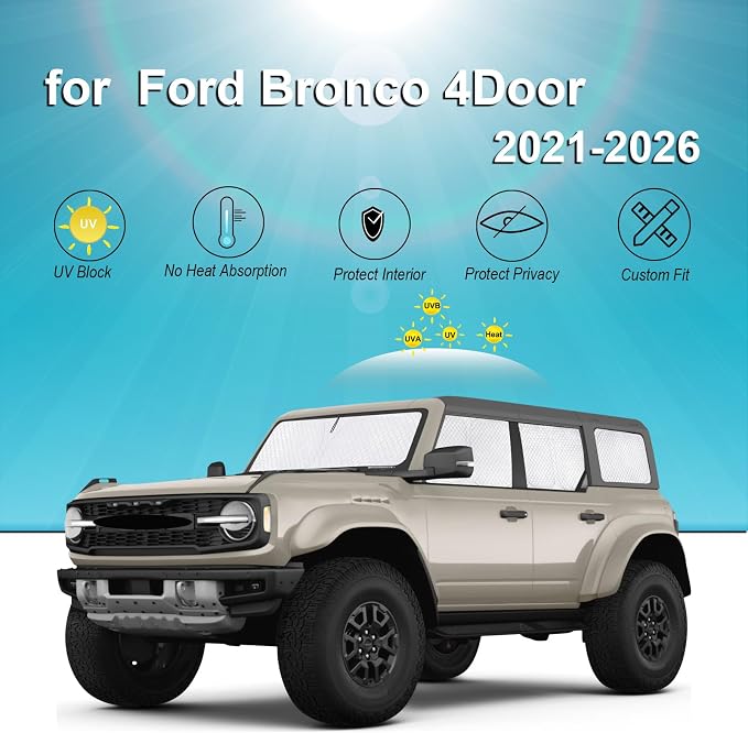 KMF Thicken Sun Shades for Ford Bronco 4Door(Not for Sport) 2021-2026 | Car Window Covers Sunshade for Windshield Side, UV Block and Privacy Blackout for Camping Outdoor Accessories - Image 2