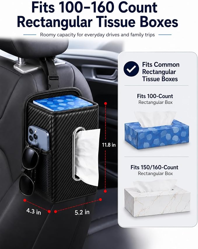 COZILO Leather Car Tissue Holder for Front & Back Seats, Car Tissue Box with 2 Side Mesh Pockets, Wide Metal Opening for Easy Pull, Fits 100–160 Count Rectangular Tissue Boxes, Carbon Fiber - Image 6