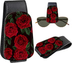 Leather Magnetic Sunglass Holder for Car Sun Visor, Cute Eyeglass Ticket Card Hanger Clip, Universal Auto Interior Accessories for SUV Pickup Truck, Red Rose by Unknown
