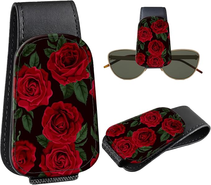 Leather Magnetic Sunglass Holder for Car Sun Visor, Cute Eyeglass Ticket Card Hanger Clip, Universal Auto Interior Accessories for SUV Pickup Truck, Red Rose by Unknown