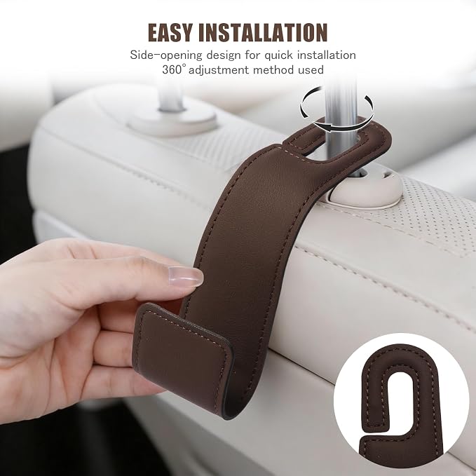 2-Pack Car Headrest Hooks, 1.1-Inch Wide Purse Hangers, Brown | Microfiber leather hooks with built-in metal cores keep purses, groceries and backpacks organized and within reach - Image 4