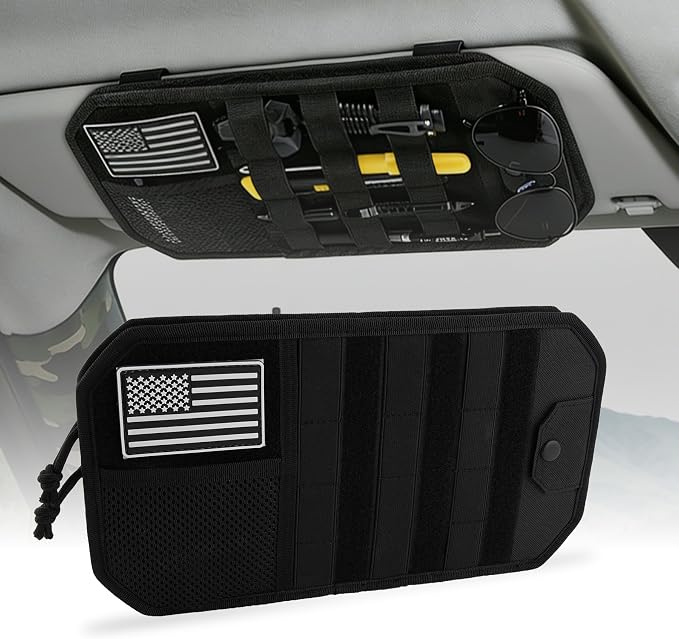 Car Sun Visor Organizer, Fits Most Cars Trucks SUV Jeeps Patrols—Black | Tactical Molle Panel Visor Storage Organizer with Sunglasses Holder for Police Gear & Overland Accessories by bipkonu