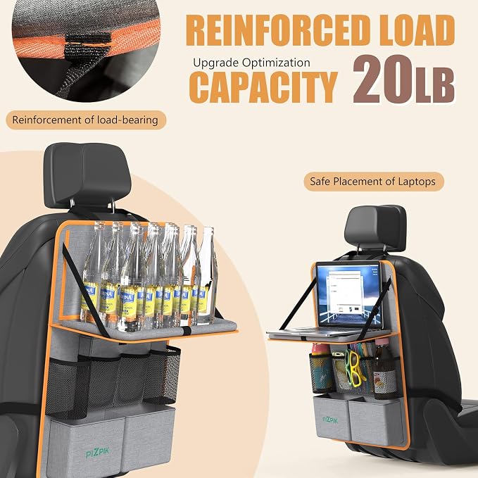 Car Backseat Organizer with Tablet Holder,11 Storage Pockets with Foldable Food Tray, Protector Kick Mats for Kids, Travel Accessories Organizer (Orange, 1Pack) - Image 3