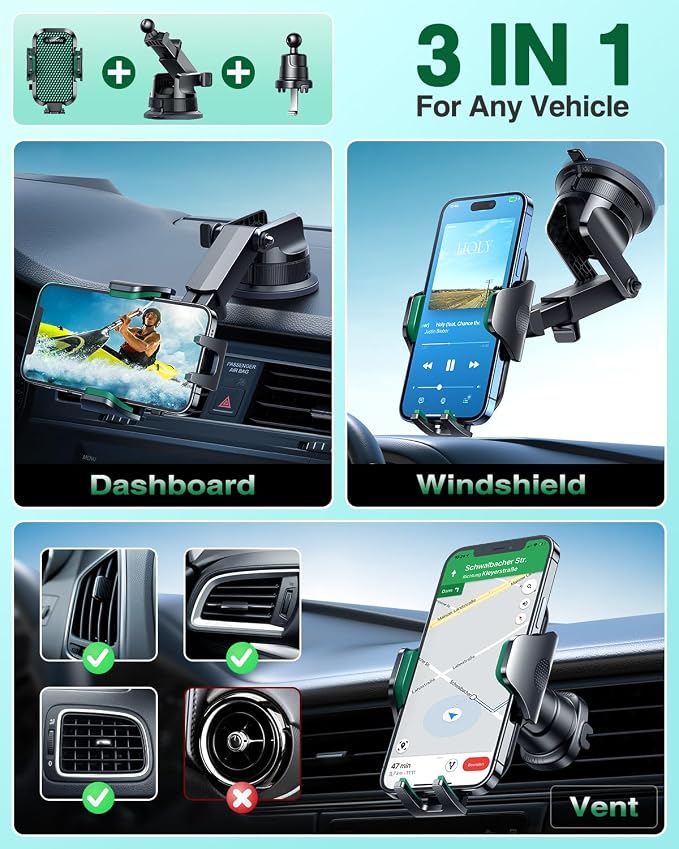 VANMASS [True Military-Grade] Car Phone Holder [Strongest Suction & Clip] Cell Phone Mount for Dashboard Windshield Vent Truck Accessories Cradle Dash Stand for iPhone 15 14 13 12 Android,Green - Image 3