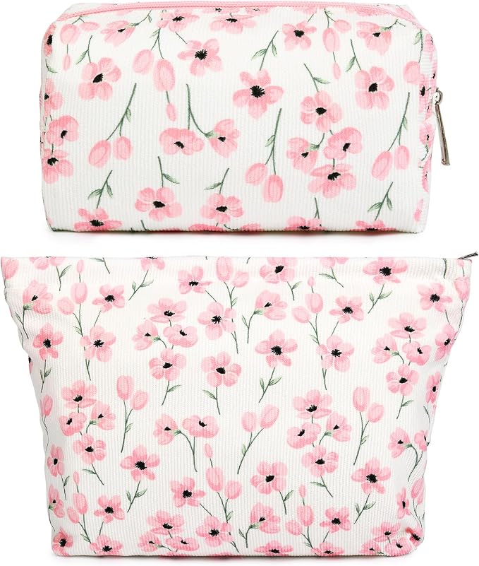SOIDRAM 2 Pieces Flower Makeup Bag Large Floral Cosmetic Bag Capacity Canvas Mix Travel Toiletry Bag Organizer Cute Makeup Brushes Aesthetic Accessories Storage Bag for Women, Flower Mix Pink by SOIDRAM