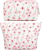 SOIDRAM 2 Pieces Flower Makeup Bag Large Floral Cosmetic Bag Capacity Canvas Mix Travel Toiletry Bag Organizer Cute Makeup Brushes Aesthetic Accessories Storage Bag for Women, Flower Mix Pink by SOIDRAM