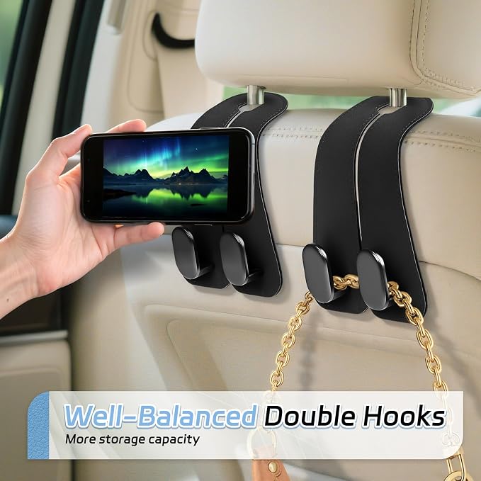 Car Seat Headrest Hooks, 4PCS Universal Car Purse Hook Leather Car Bag Hook | Black Car Bag Purse Holder with Double Metal Hooks for Handbags, Grocery Bags, Bottles, Phones - Image 4