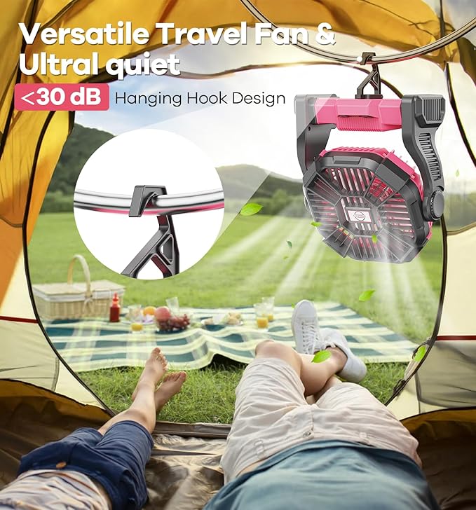 DOWILLDO 30000mAh Portable Battery Powered Camping Fan - with LED Light, Quiet Battery Operated, Camping Gear for Travel, Tent, Beach, Car or Hurricane Power Outages, Pink - Image 6
