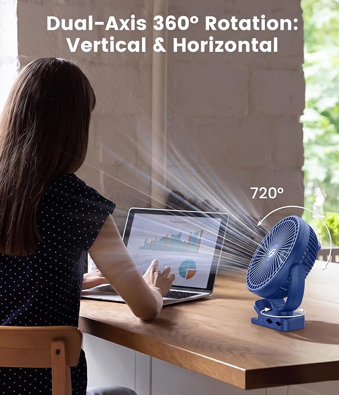 40000mAh Clip on Fan for Golf Cart, Up to 127Hrs Portable Rechargeable Fans | 8-inch Desk Fan with 3 Speeds, 9 LEDs, Timers, Hook, Battery Operated Fan for Office,Desk,Camping,Treadmill,Tent, Dark Blue - Image 5