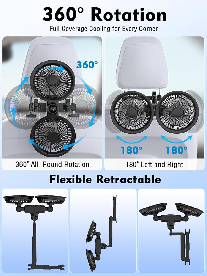 Car Fans for Backseat, 3600mAh Battery & USB Car Seat Fan with LED Display | 5V/2A,3 Speeds,360°Rotation, Dual Head Rechargeable Carseat Fan for Kids Baby Rear Facing Cooling Fan for Vehicle RV - Image 6