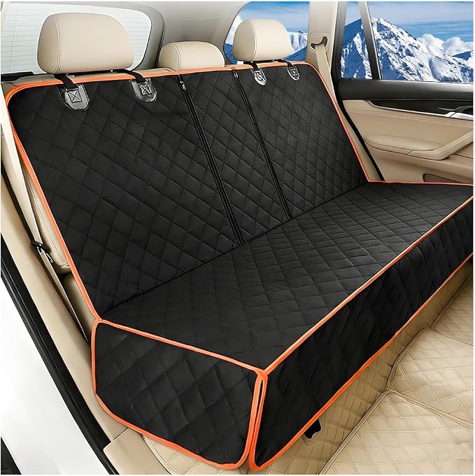 Oxford Dog Back Seat Cover with Side Flaps, Orange Border | water-resistant surface, non-slip backing, headrest straps, belt openings, fits most rear seats, interior accessories by SWPHRT